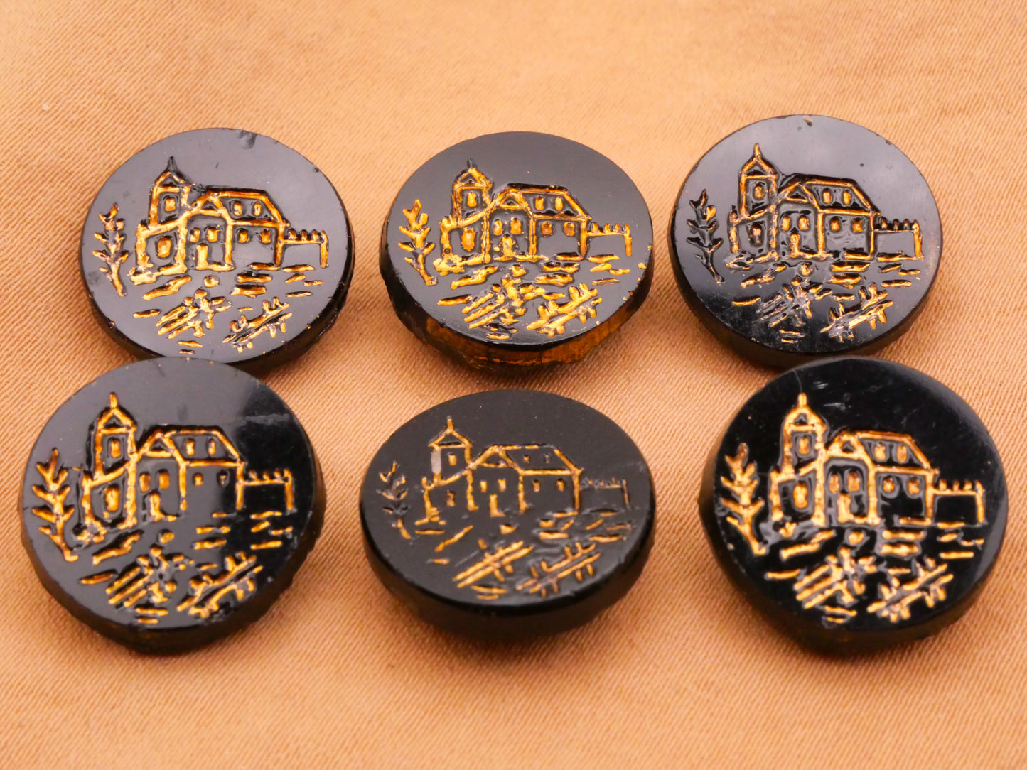 Church or Castle Landscape Gold Black Glass Button Various 16mm