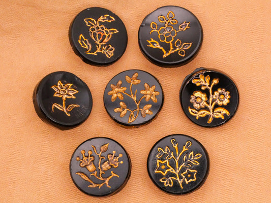 Flower Floral Sprig Gold Black Glass Button Various 15-17mm