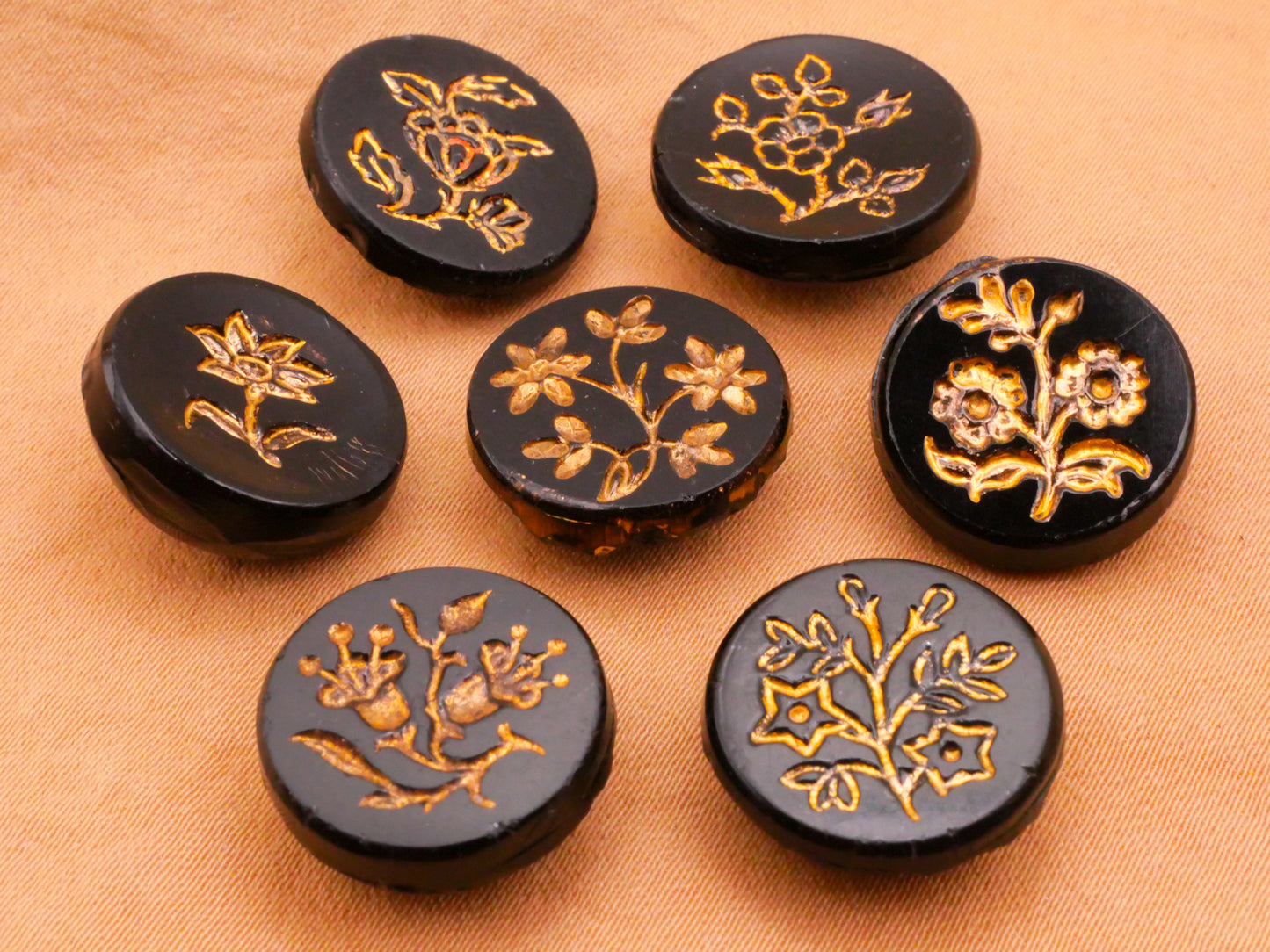 Flower Floral Sprig Gold Black Glass Button Various 15-17mm