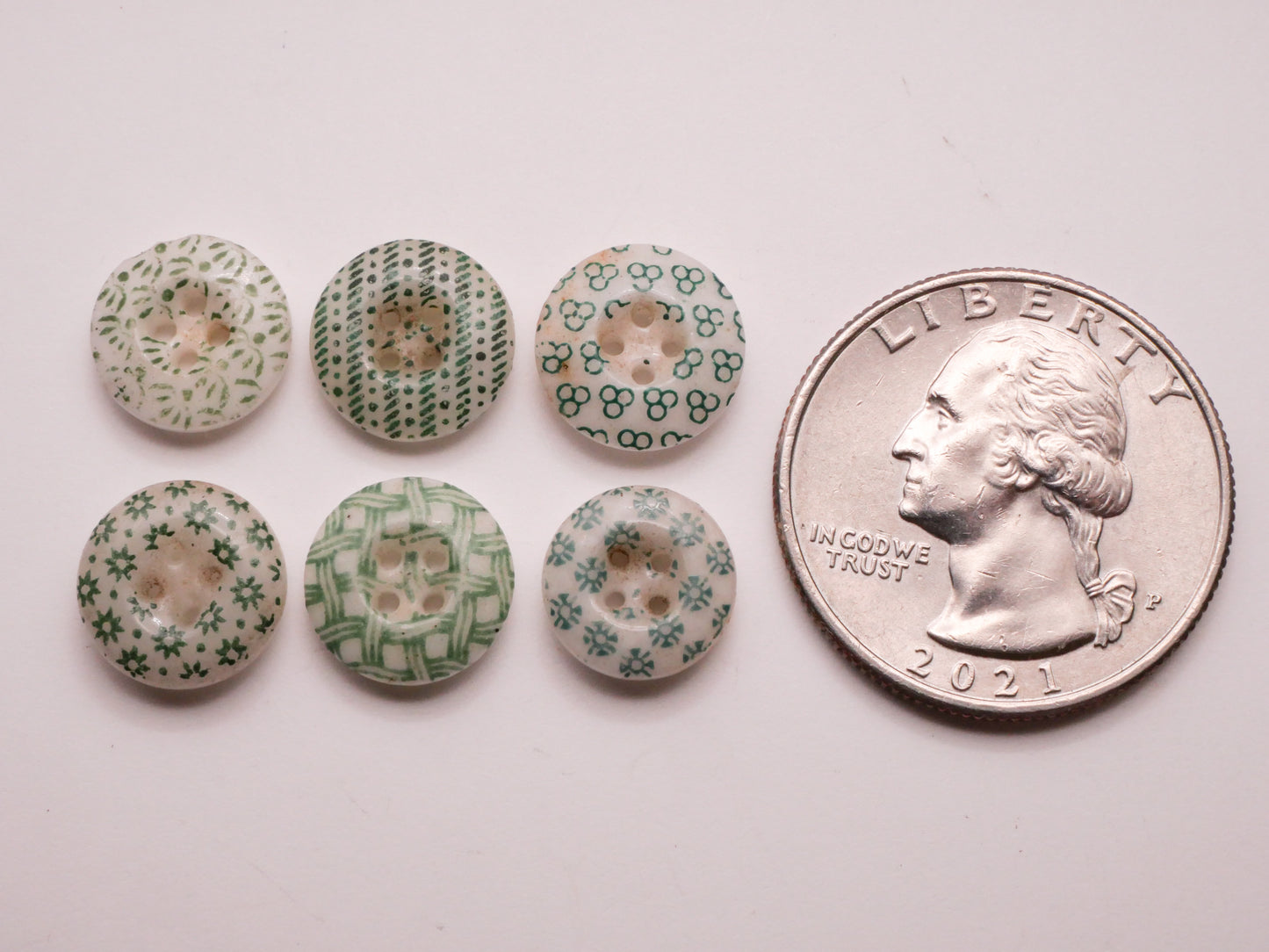 Calico Green and White China Button Various 11mm