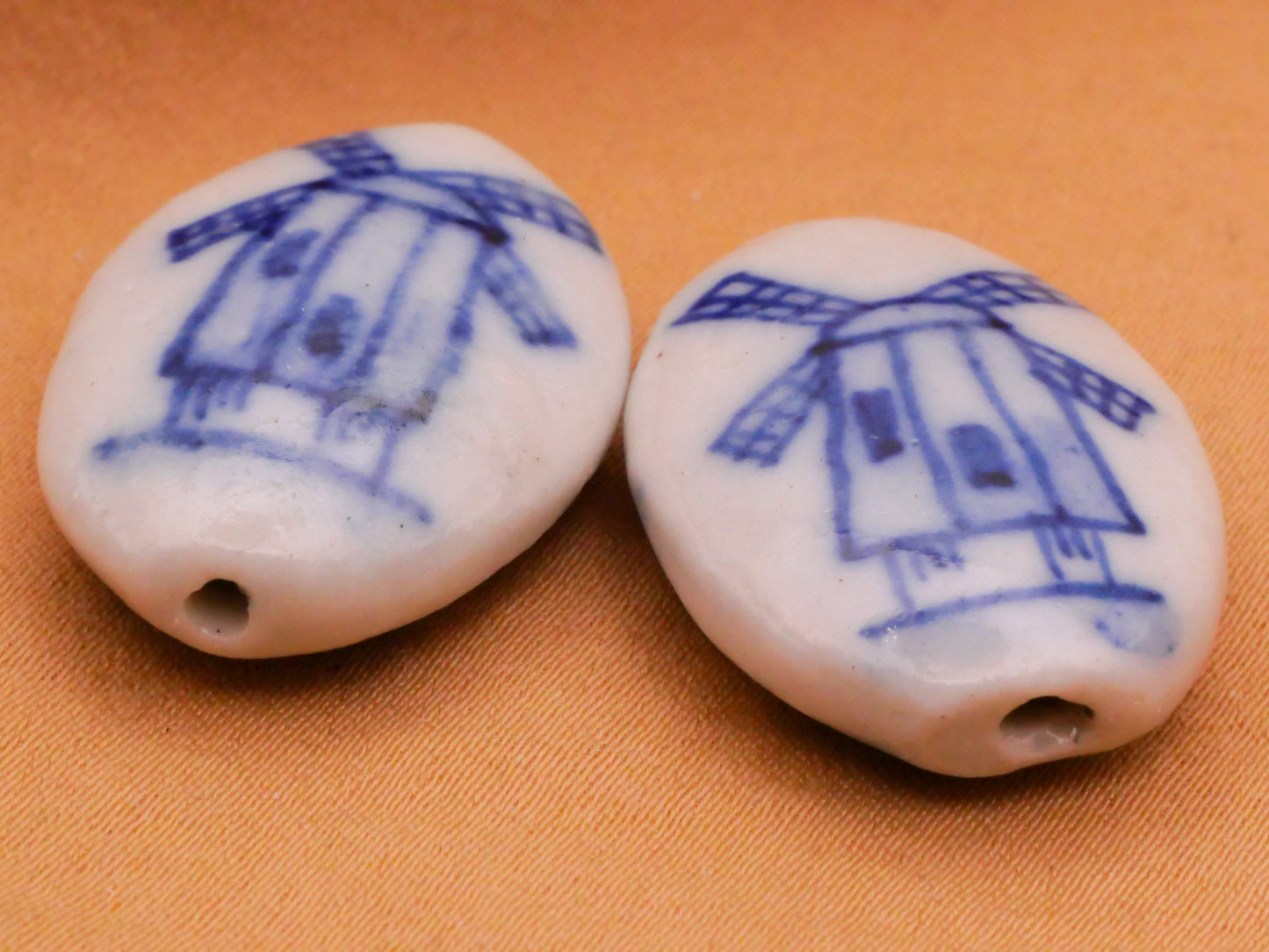 Windmill Blue White Delft Look Ceramic Oval Bead Embellishment 18x26mm