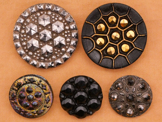 Cluster Faceted Black Glass Button Various 18-28mm