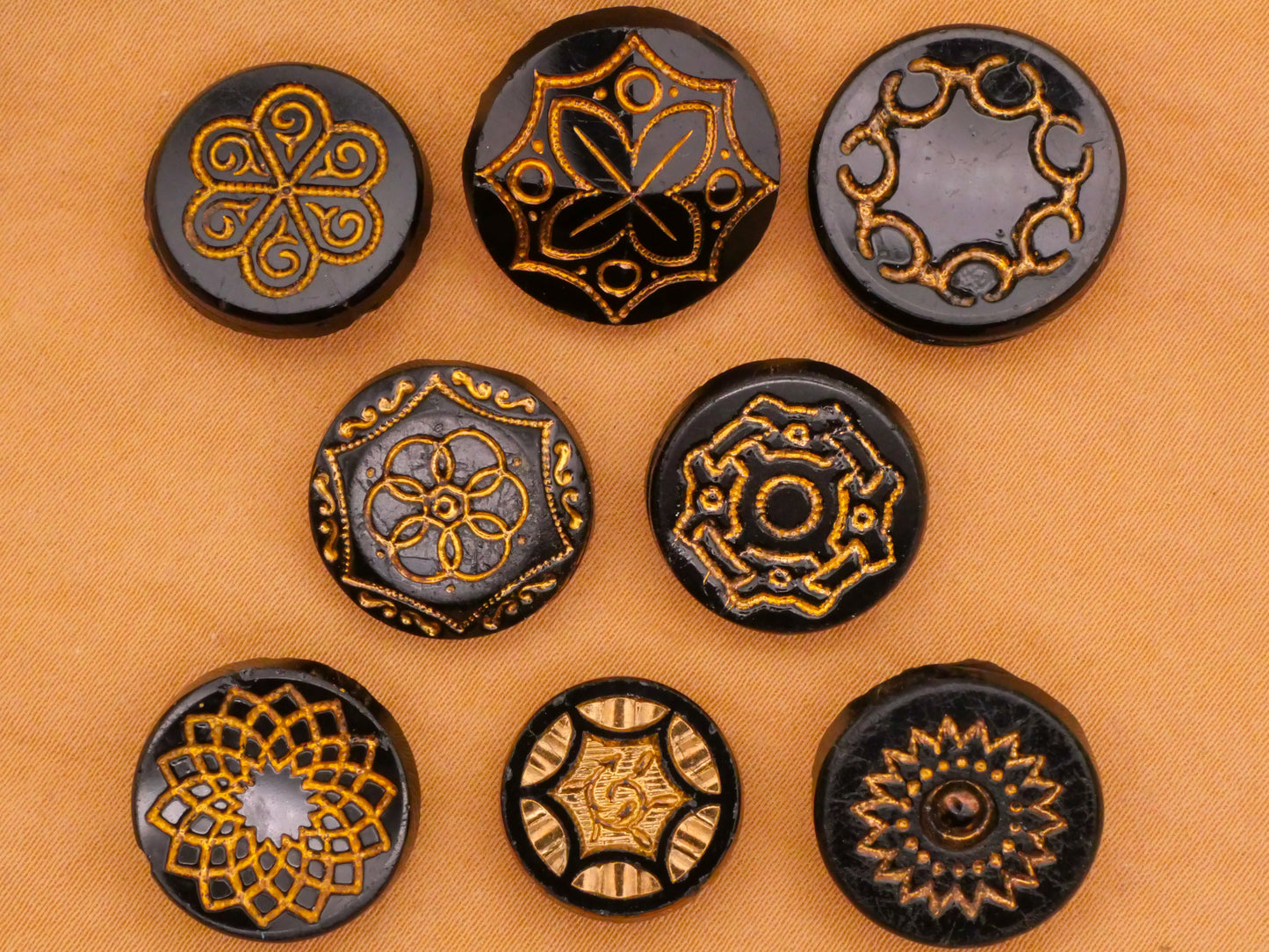 Gold Accent Radial Design Black Glass Button Various 14-18mm