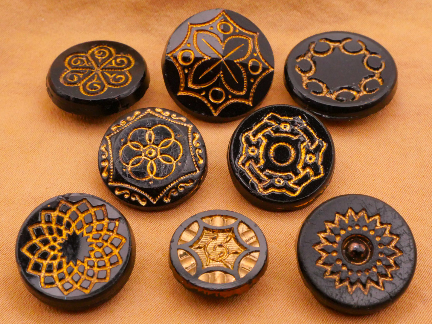 Gold Accent Radial Design Black Glass Button Various 14-18mm