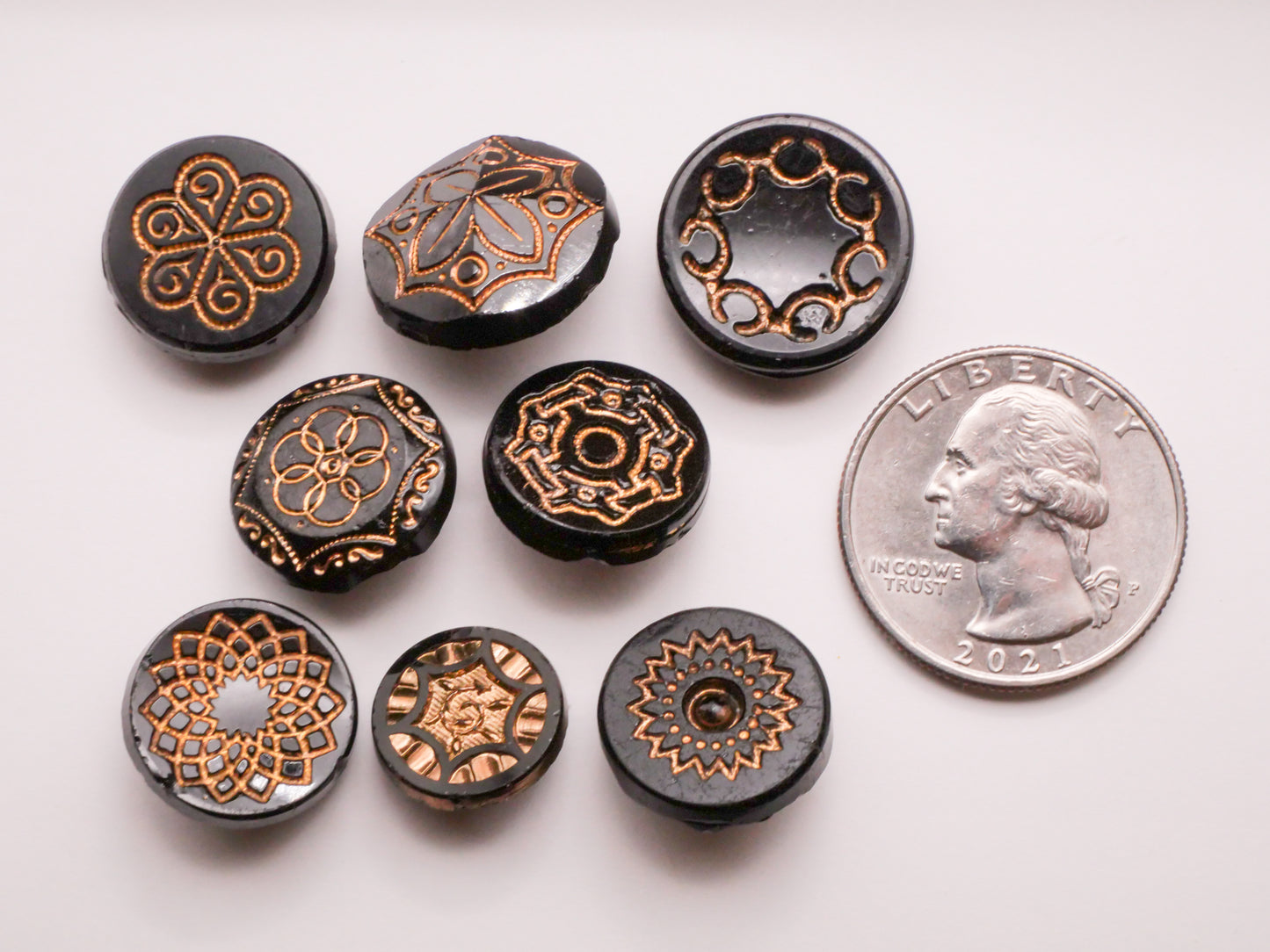 Gold Accent Radial Design Black Glass Button Various 14-18mm