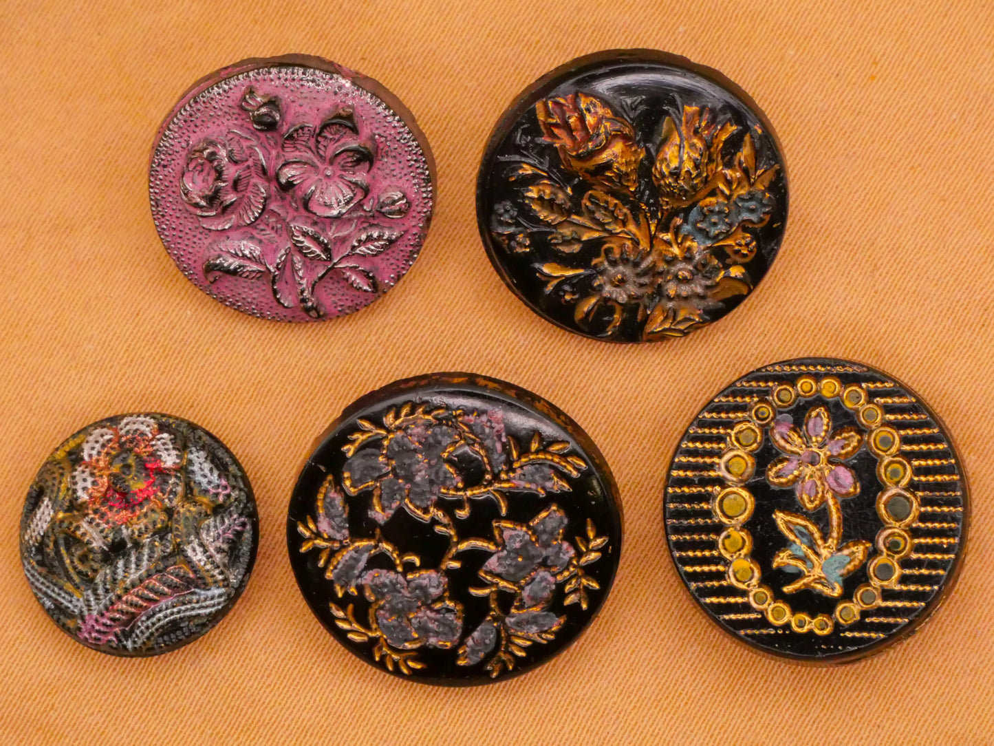 Flower Floral Hand-Painted Color Black Glass Button Various 13-18mm