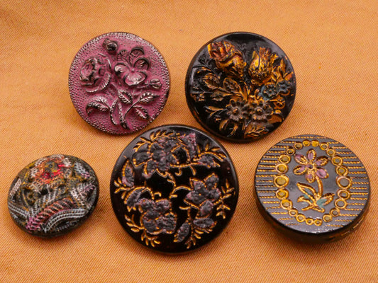 Flower Floral Hand-Painted Color Black Glass Button Various 13-18mm