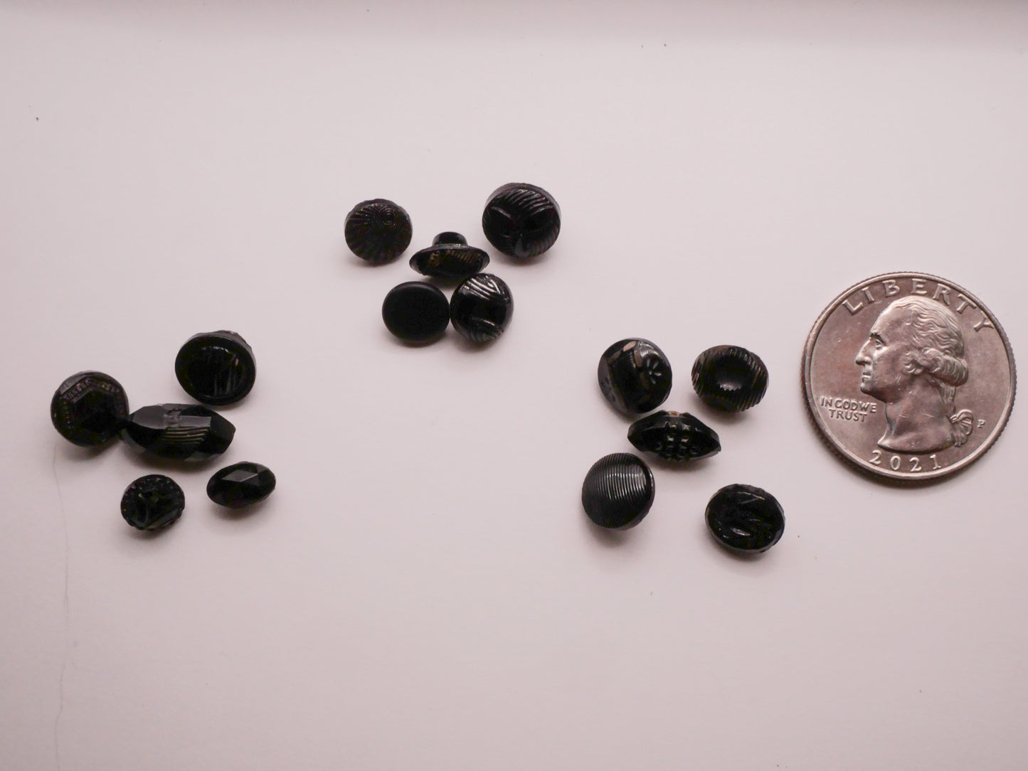 Diminutive and Small Black Glass Set of Five Buttons Various 5-14mm