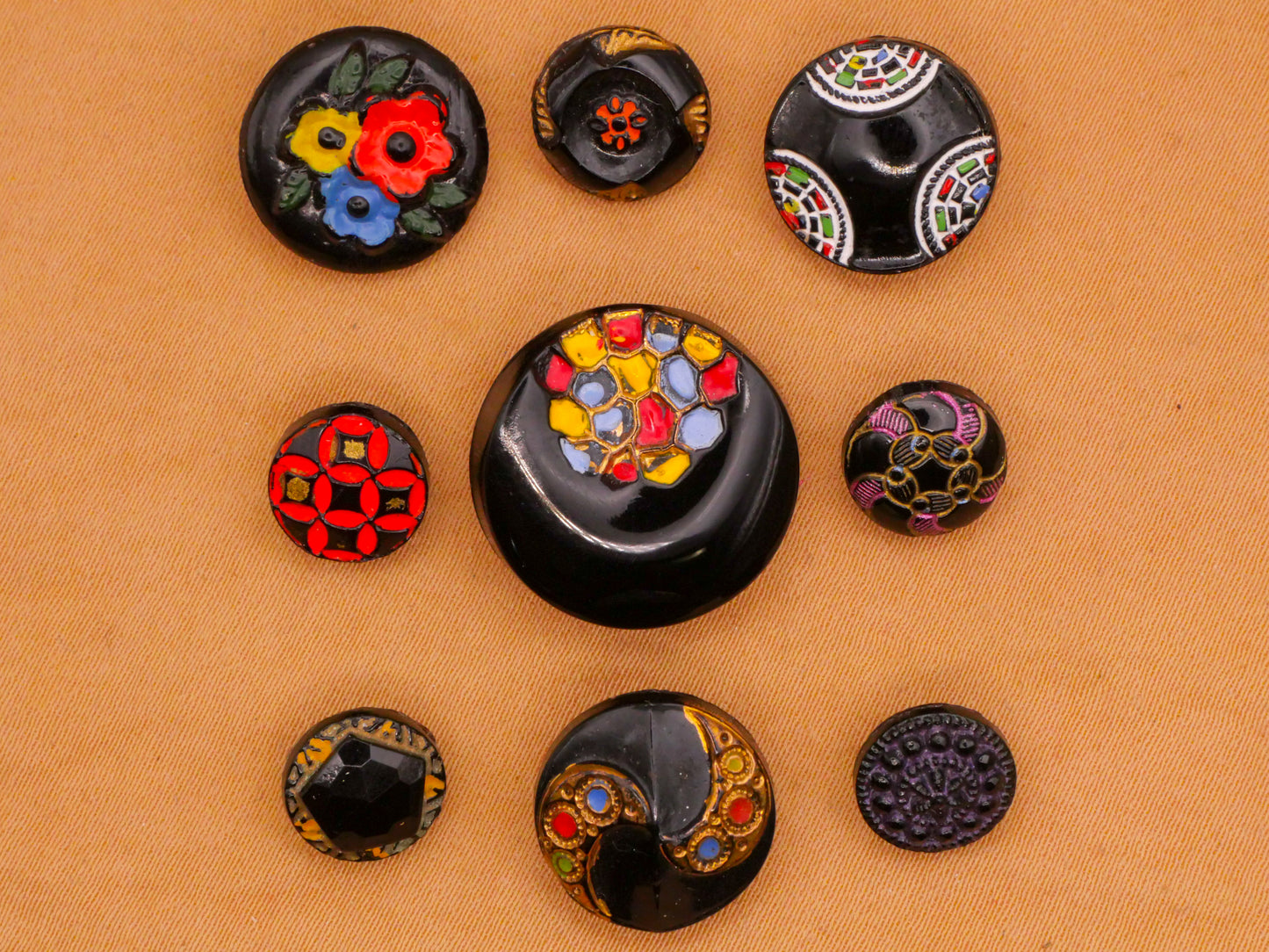 Hand-Painted Color Black Glass Button Various 9-18mm