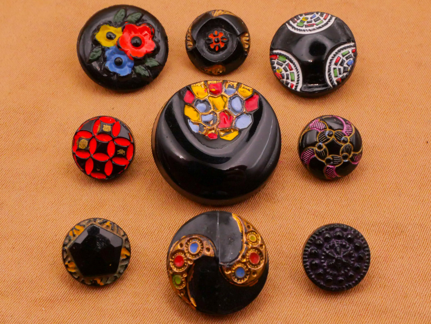 Hand-Painted Color Black Glass Button Various 9-18mm