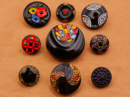 Hand-Painted Color Black Glass Button Various 9-18mm