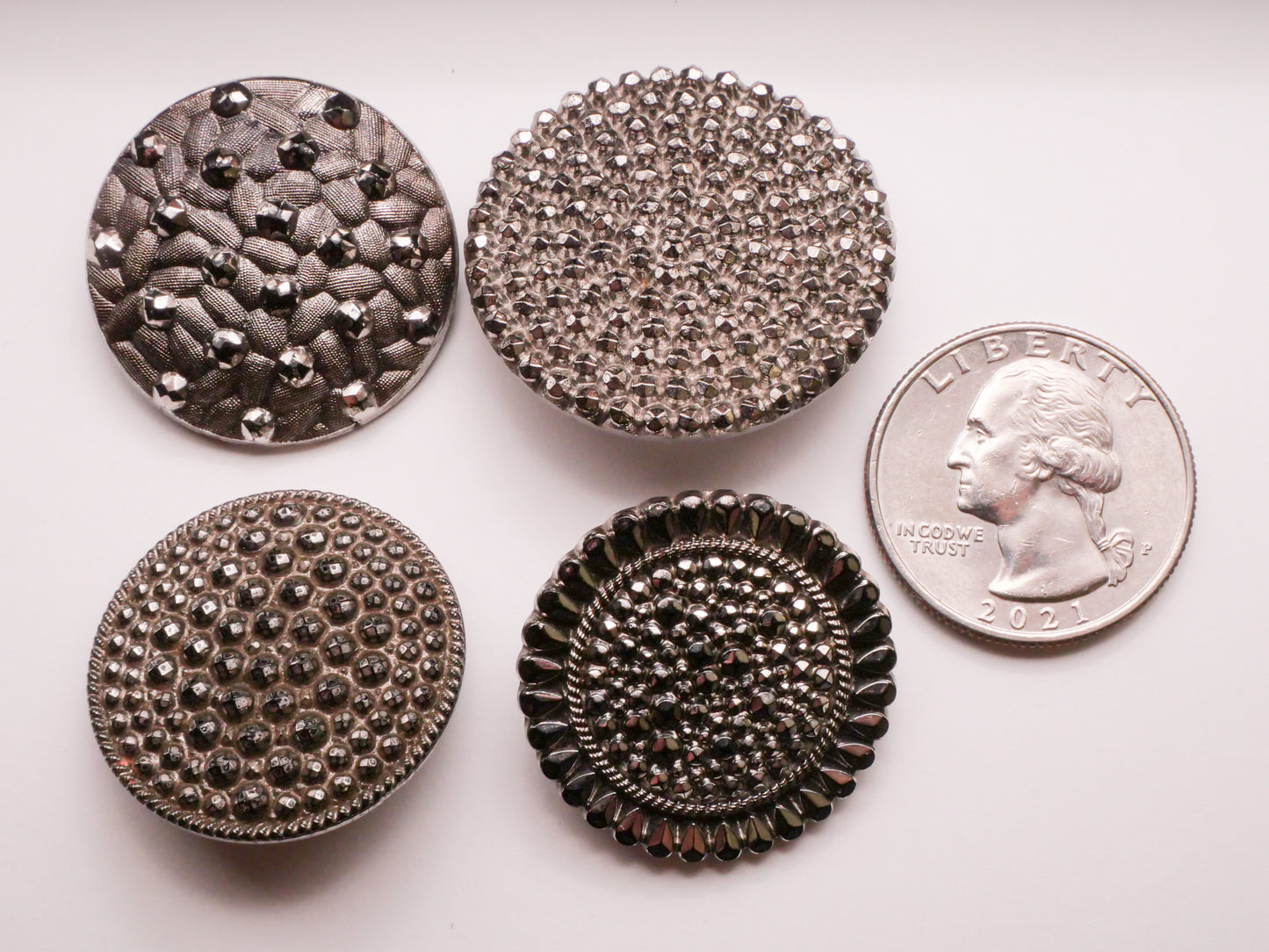 Steel-Cut Look Sparkle Silver Luster Black Glass Button Various 27-32mm