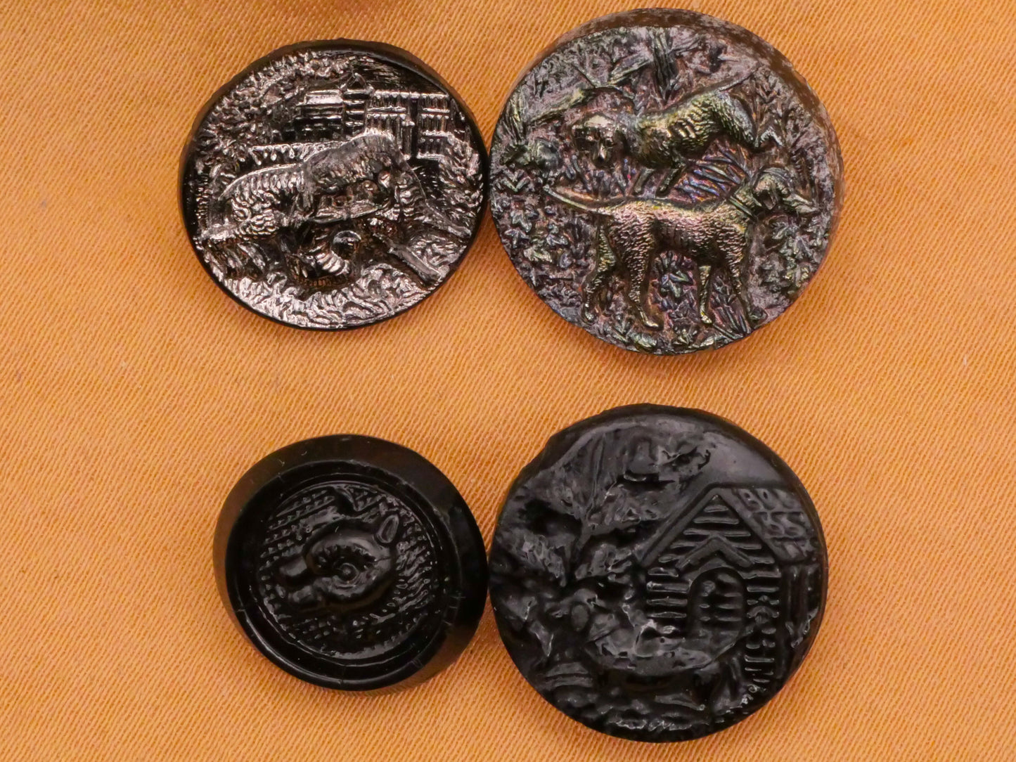 Dog Motif Antique Black Glass Button Various 14-18mm