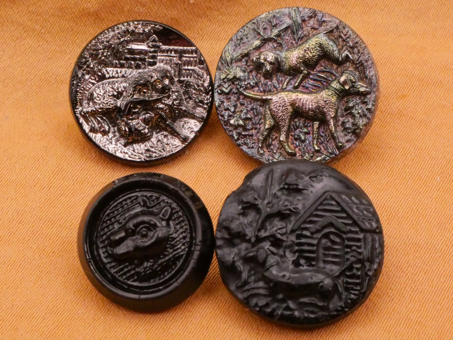 Dog Motif Antique Black Glass Button Various 14-18mm