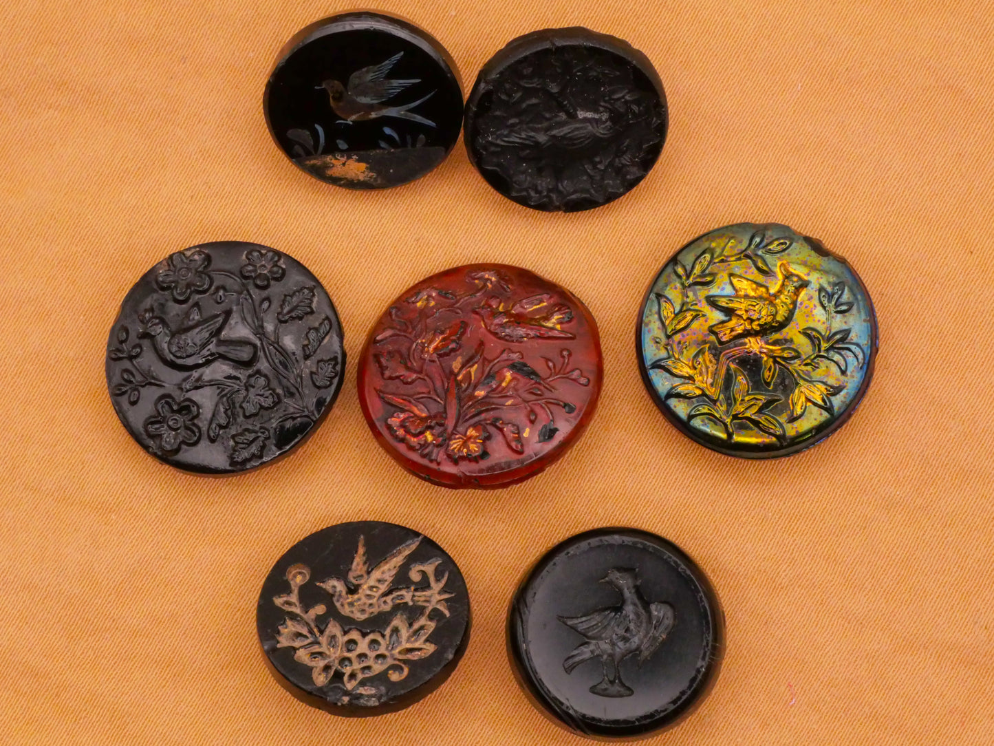 Bird Motif Black Glass Button Various 16-19mm