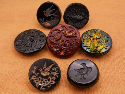 Bird Motif Black Glass Button Various 16-19mm