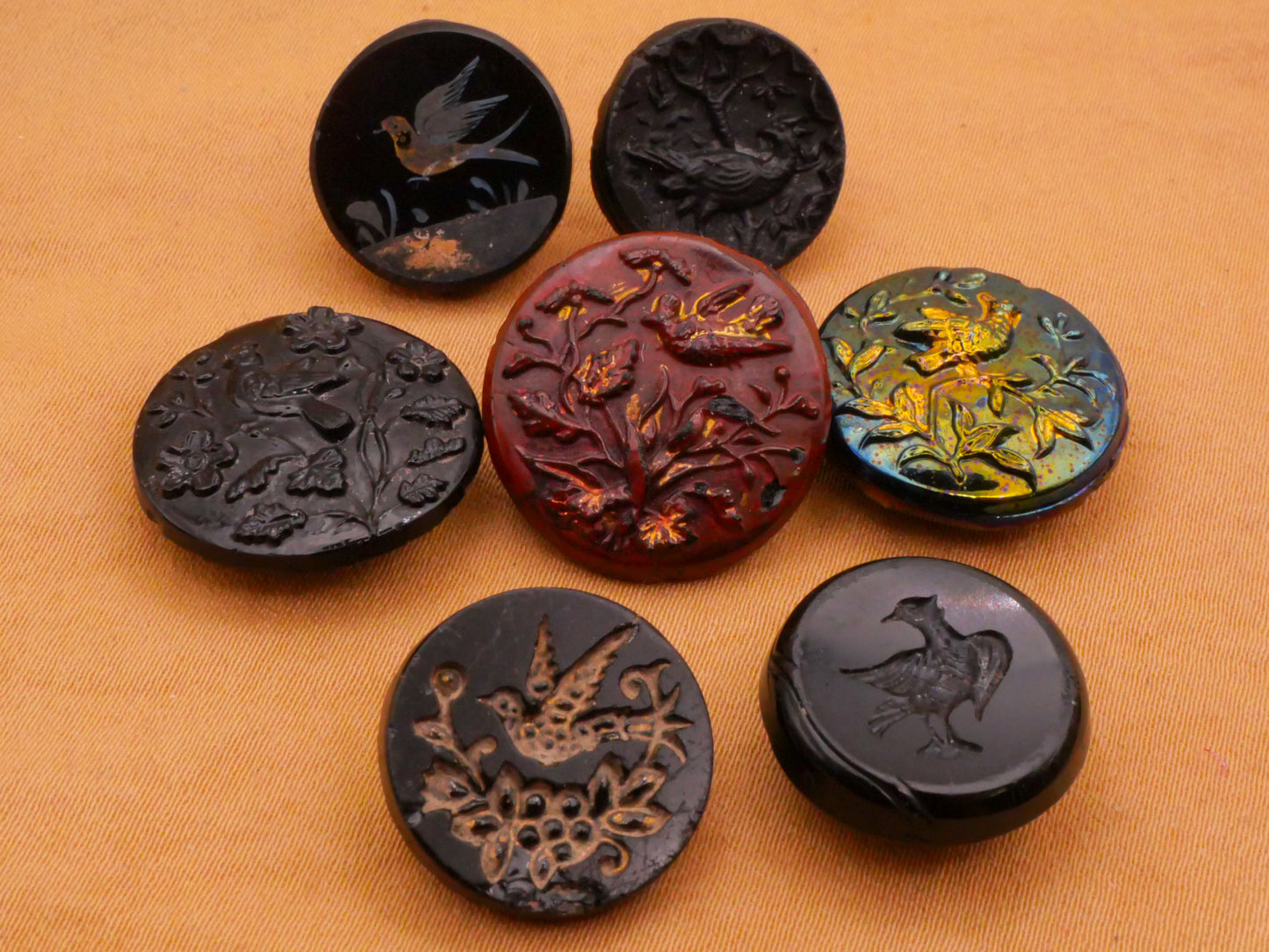 Bird Motif Black Glass Button Various 16-19mm