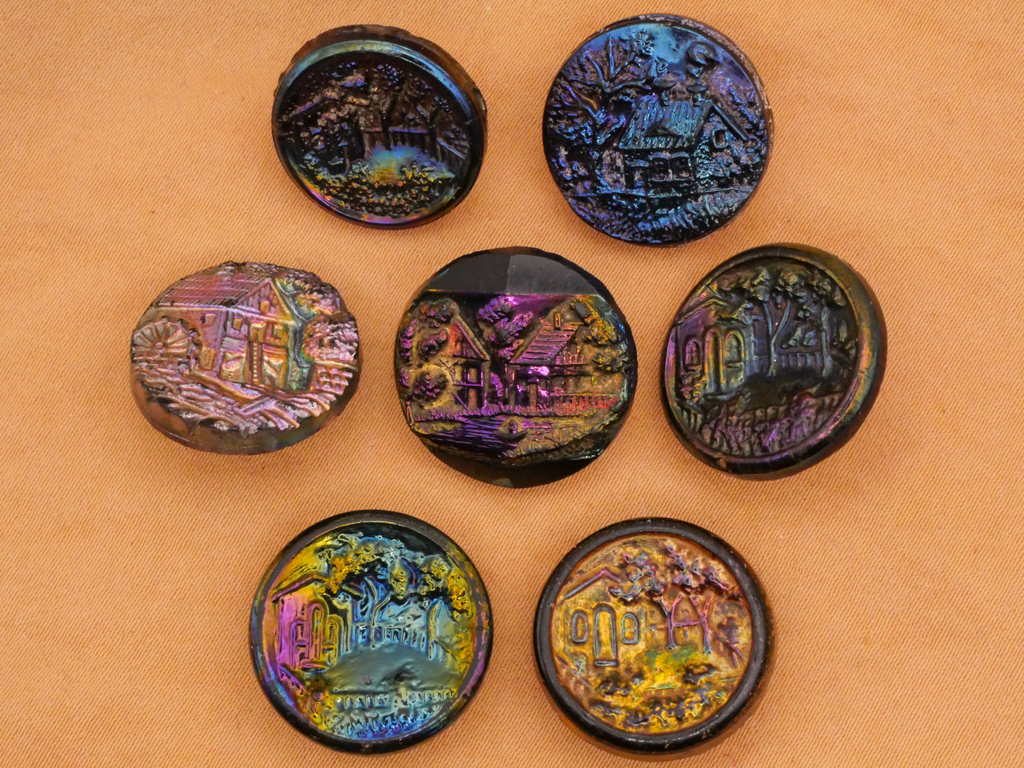 Landscape Home Building Rainbow Luster Black Glass Button Various 17-18mm