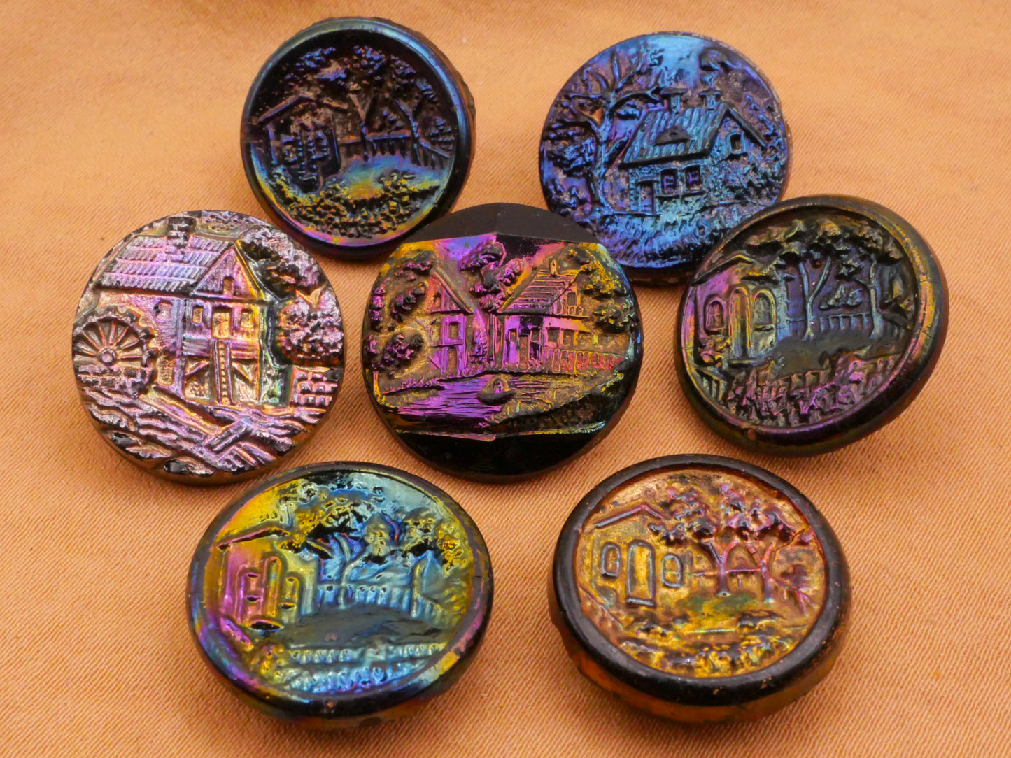 Landscape Home Building Rainbow Luster Black Glass Button Various 17-18mm