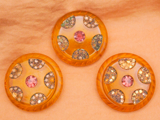 Apple Juice Bakelite Pink Rhinestone Inlay Large Early Plastic Button Various 37mm