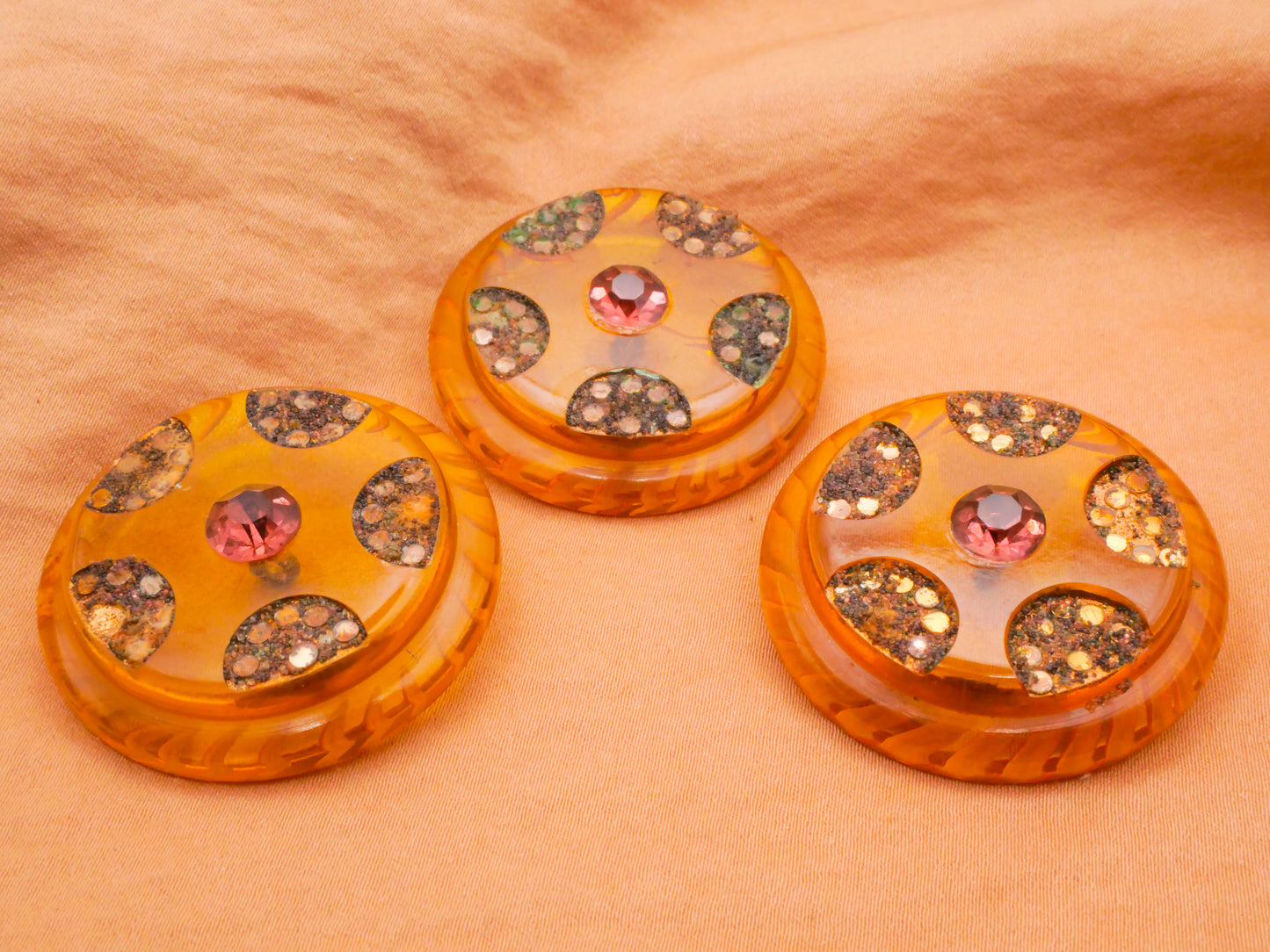 Apple Juice Bakelite Pink Rhinestone Inlay Large Early Plastic Button Various 37mm