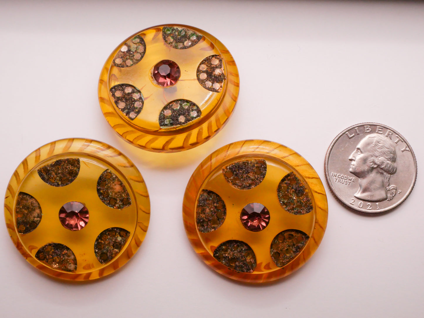 Apple Juice Bakelite Pink Rhinestone Inlay Large Early Plastic Button Various 37mm