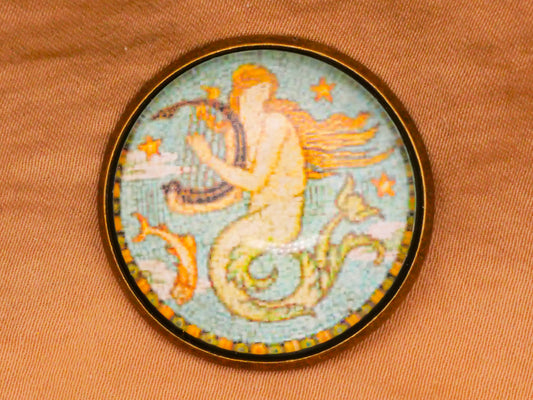 Mermaid Harp Painting Glass Dome Bronze Metal Button 28mm