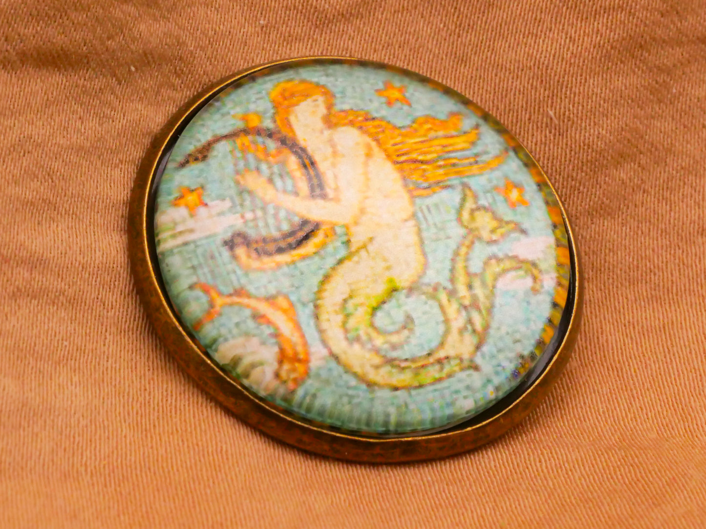 Mermaid Harp Painting Glass Dome Bronze Metal Button 28mm