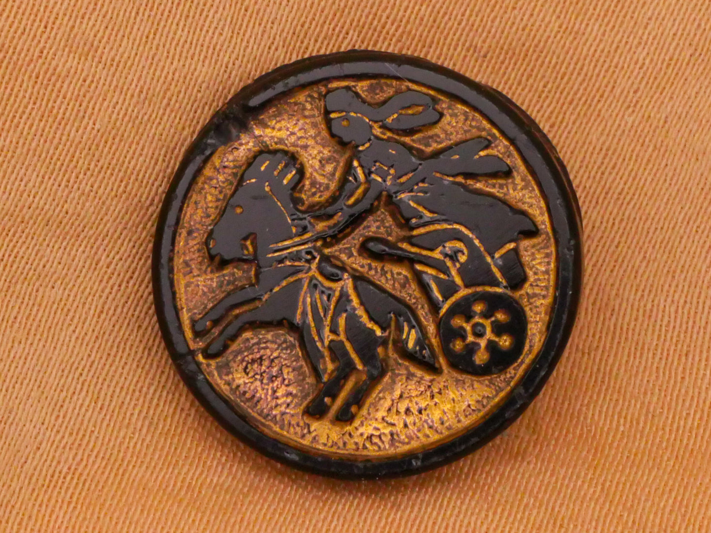 Roman Chariot Horse Gold Black Glass Button 17mm