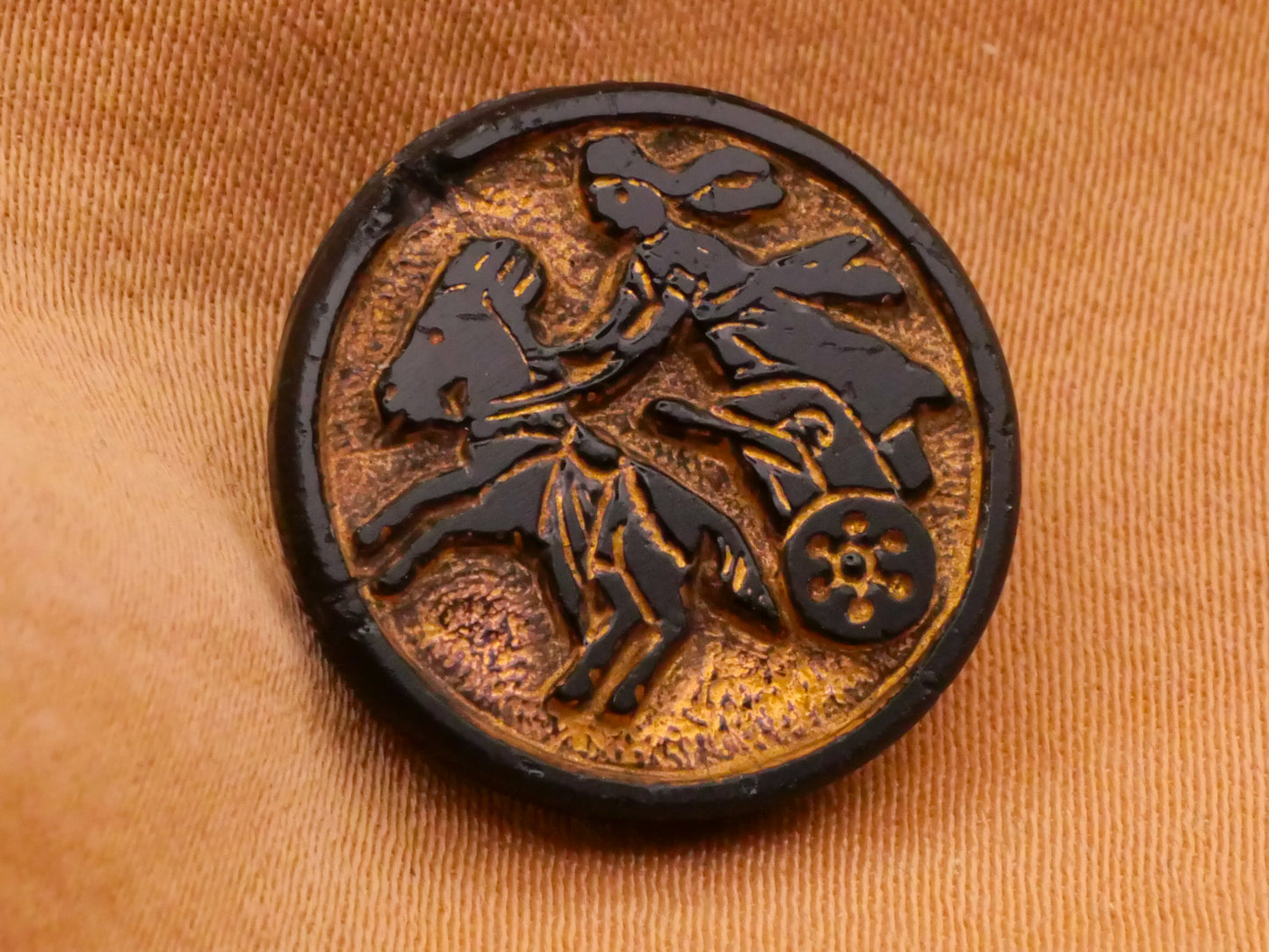 Roman Chariot Horse Gold Black Glass Button 17mm