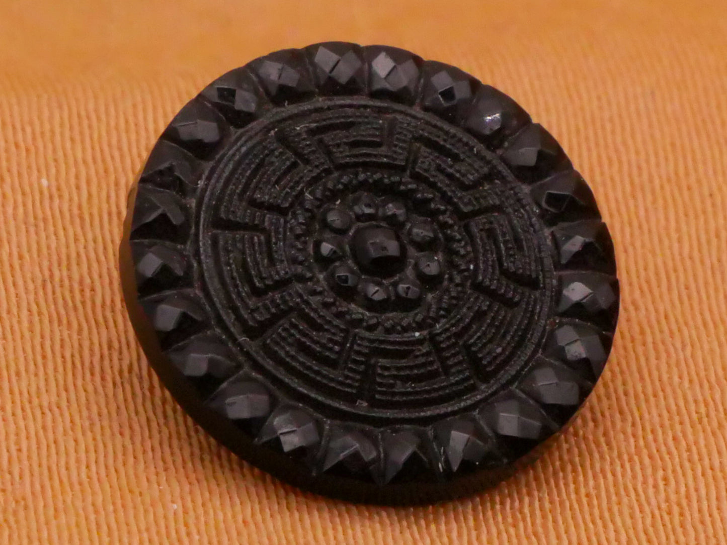 Greek Key Design Faceted Edge Black Glass Button 14mm