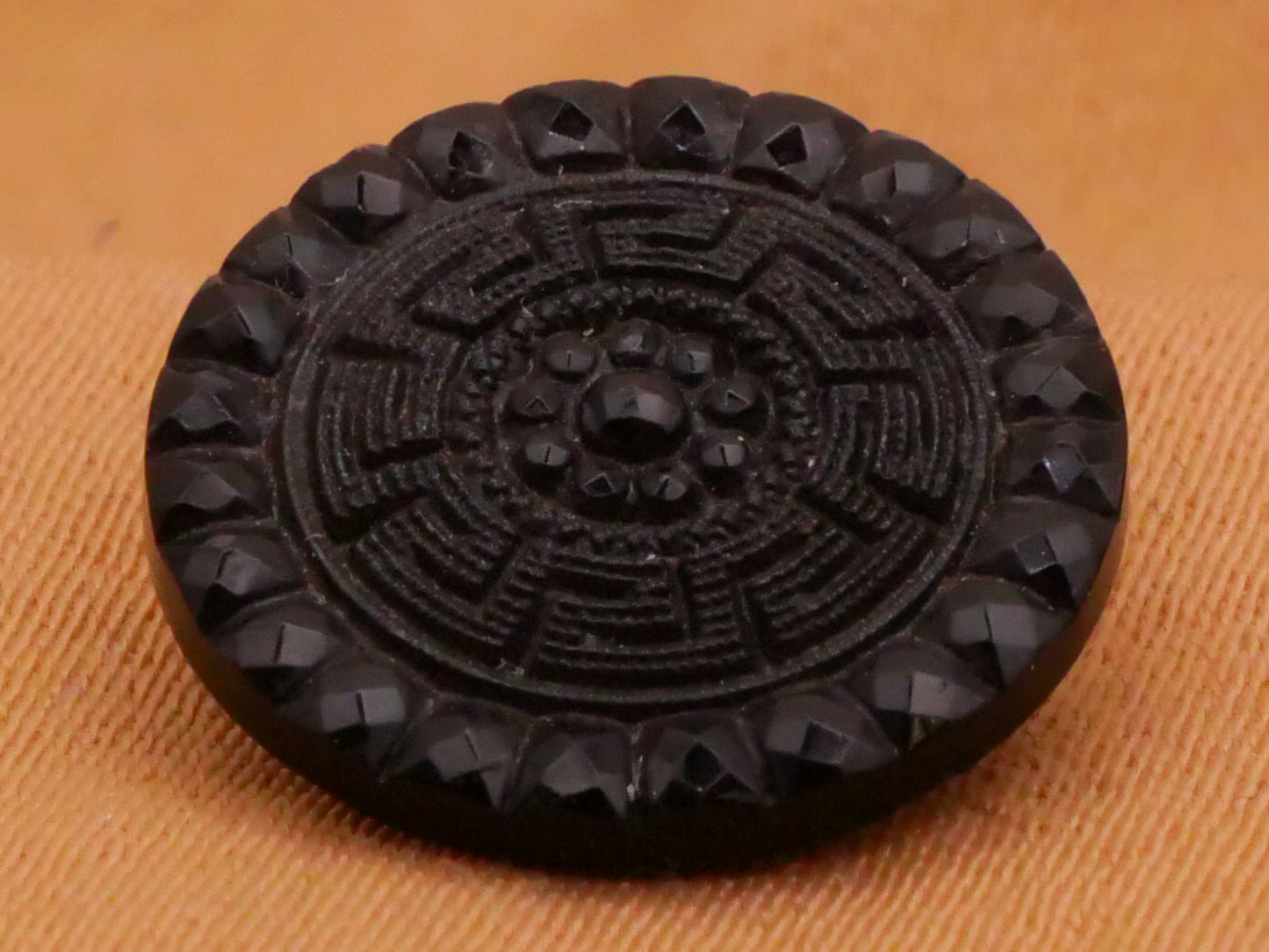 Greek Key Design Faceted Edge Black Glass Button 14mm