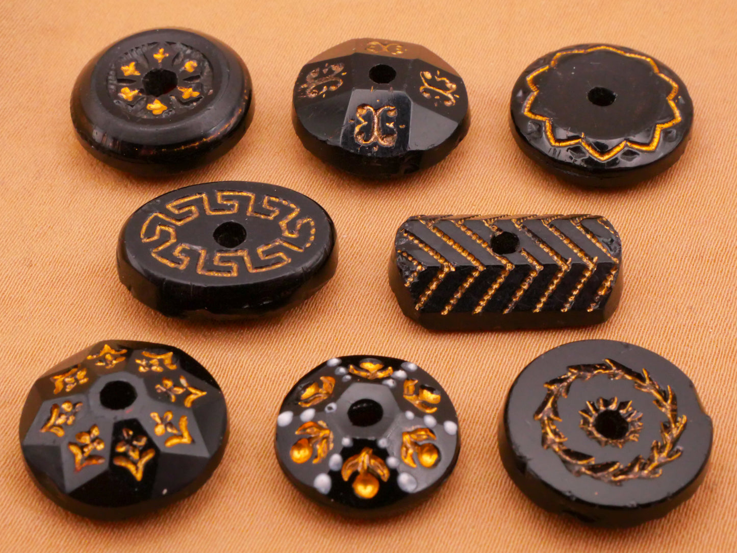 Whistle Gold Accent Black Glass Button Various 11-19mm
