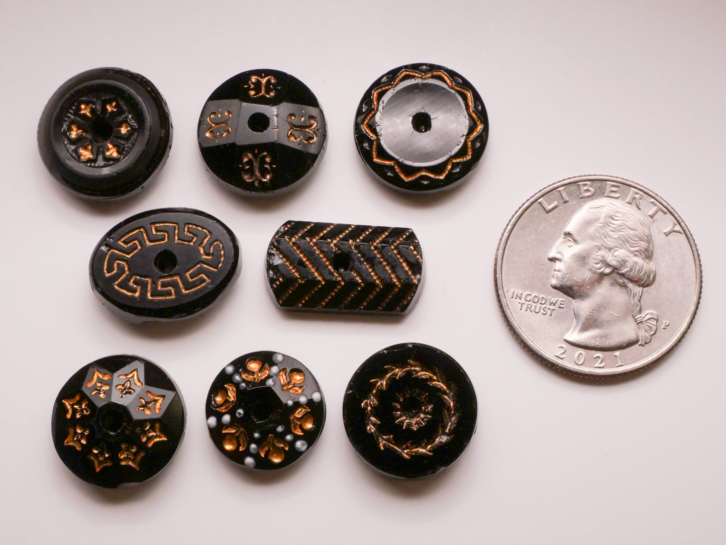 Whistle Gold Accent Black Glass Button Various 11-19mm