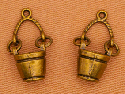 Bucket Pail Bronze Metal Moveable Dangling Pair of Charms Embellishments 12x25mm