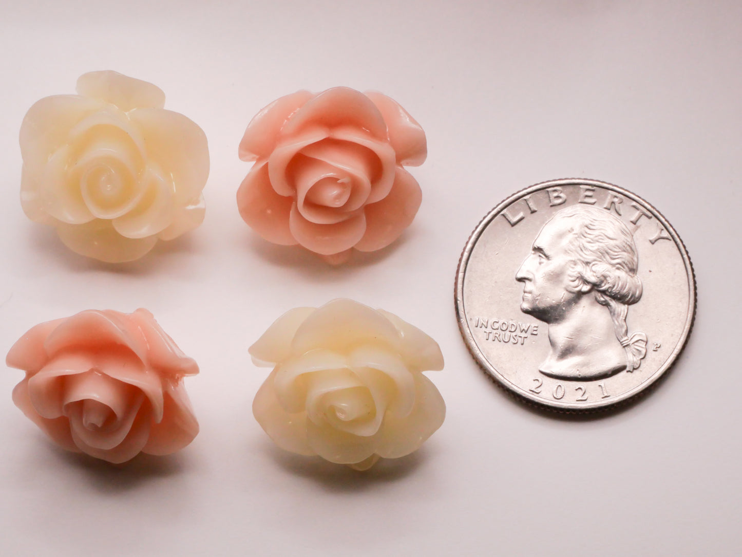 Rose Flower Peachy Pink Ivory Resin Plastic Set of Four Buttons 19x20mm