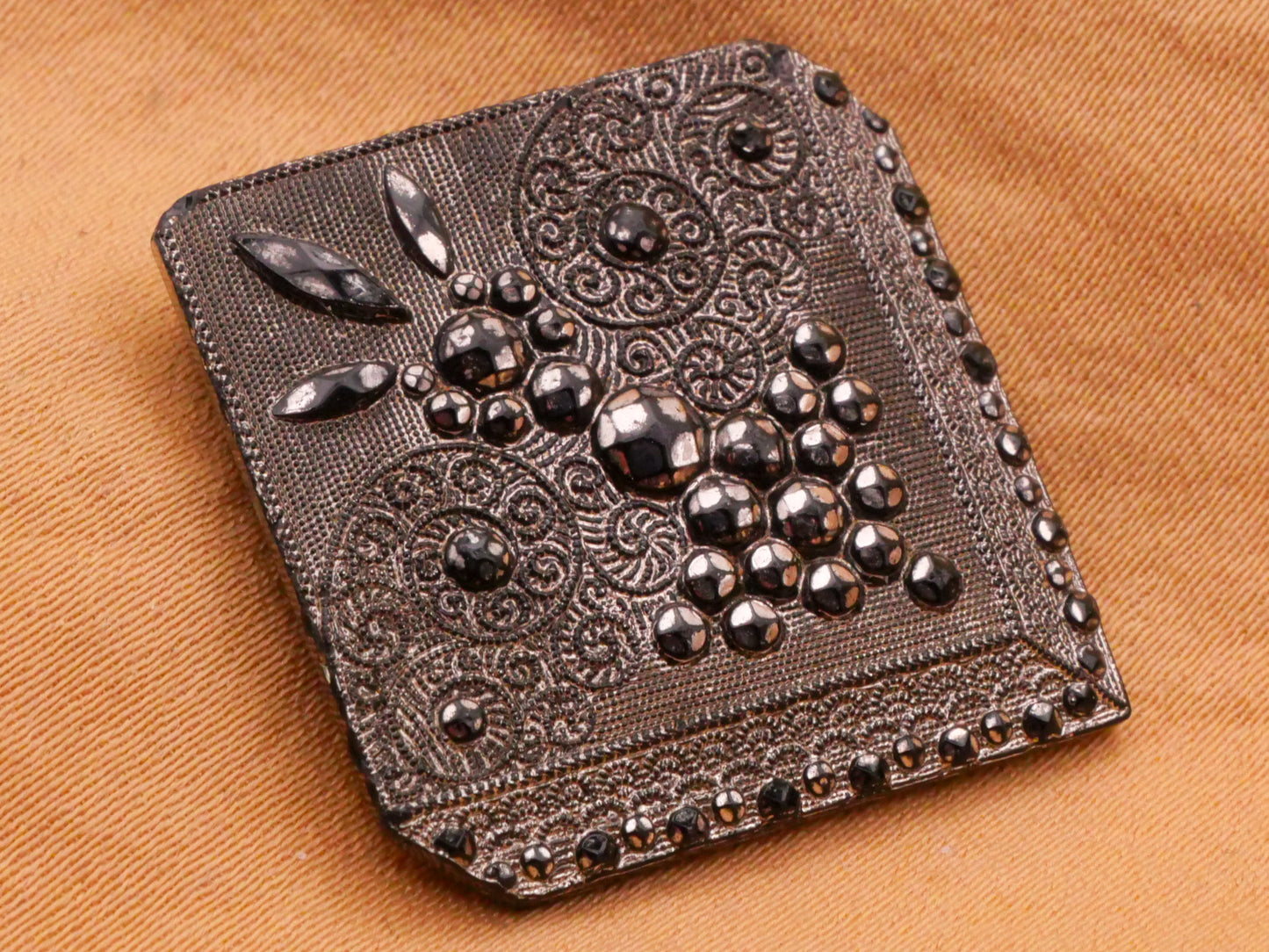 Square Design Lacy Steel-Cut Silver Luster Black Glass Button Various 24-31mm