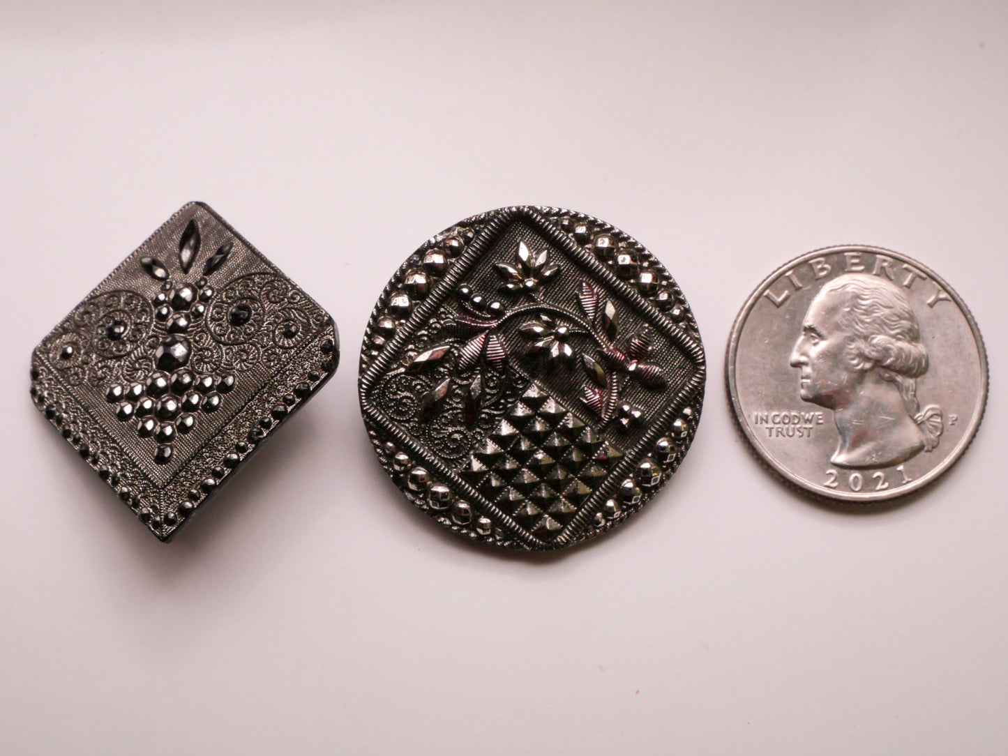 Square Design Lacy Steel-Cut Silver Luster Black Glass Button Various 24-31mm