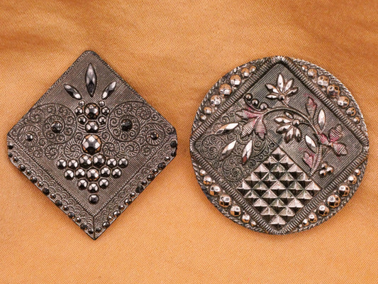 Square Design Lacy Steel-Cut Silver Luster Black Glass Button Various 24-31mm