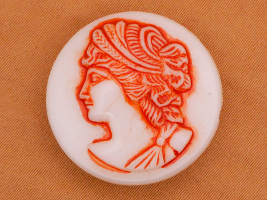 Cameo Lady Red Orange White Glass Button 23mm
