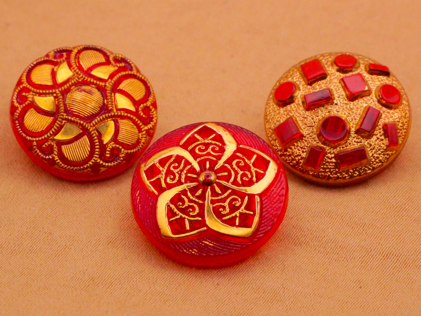 Red Translucent Glass Gold Accent Vintage Glass Button Various 18mm