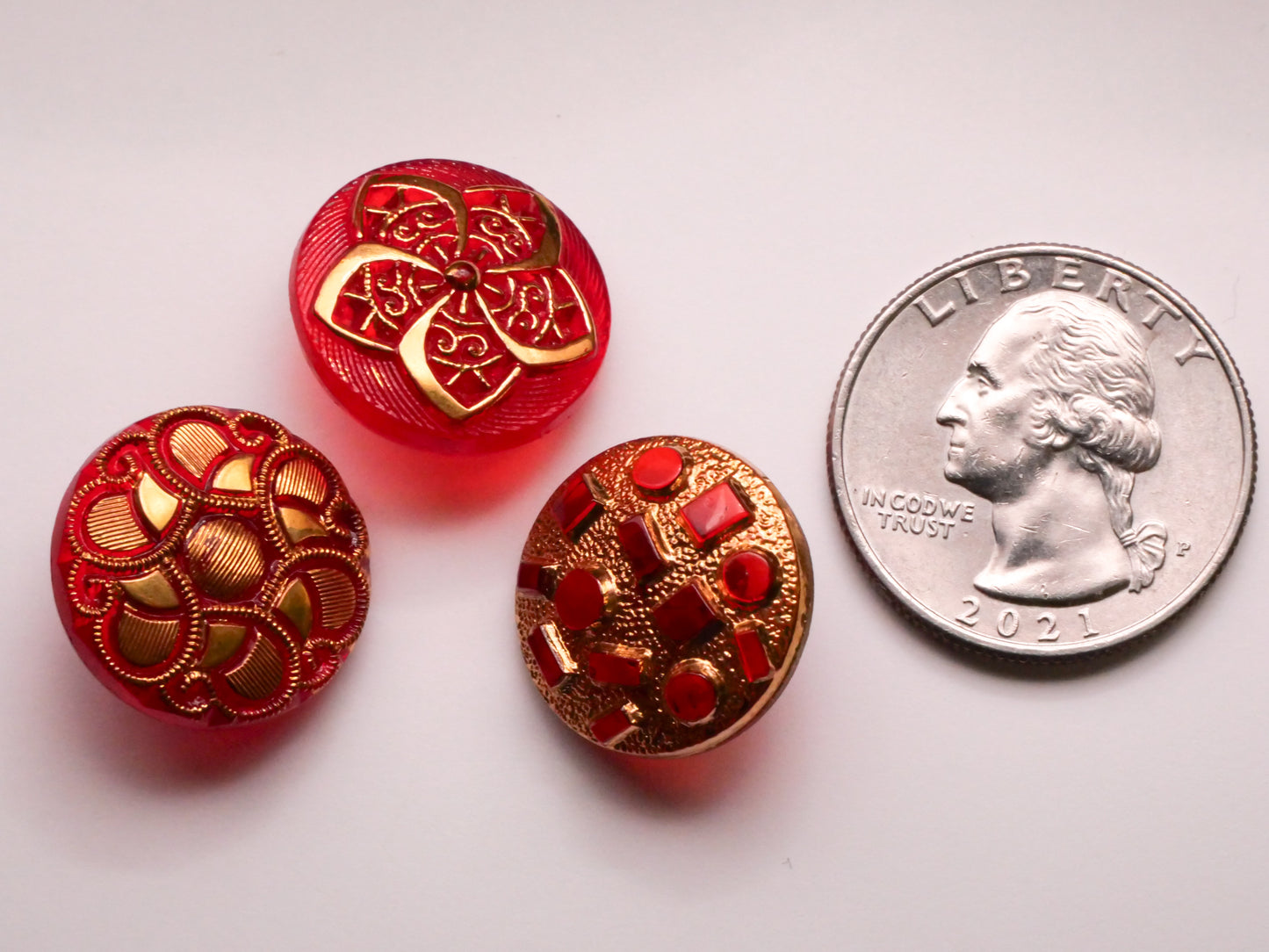 Red Translucent Glass Gold Accent Vintage Glass Button Various 18mm