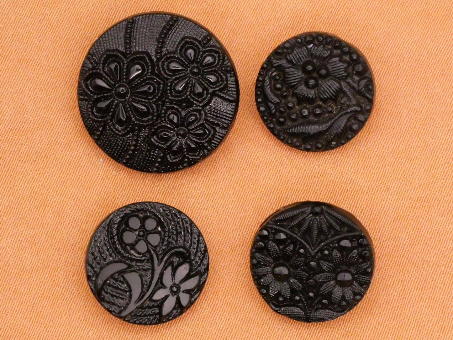 Flower Floral Fabric Look Black Glass Button Various 14-18mm