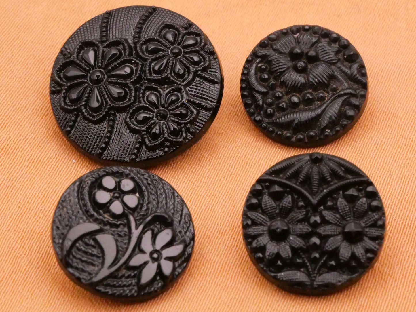 Flower Floral Fabric Look Black Glass Button Various 14-18mm