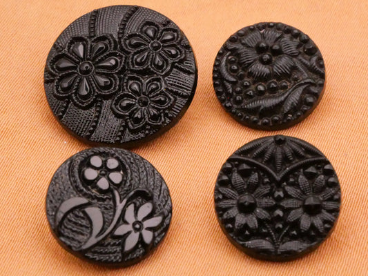 Flower Floral Fabric Look Black Glass Button Various 14-18mm