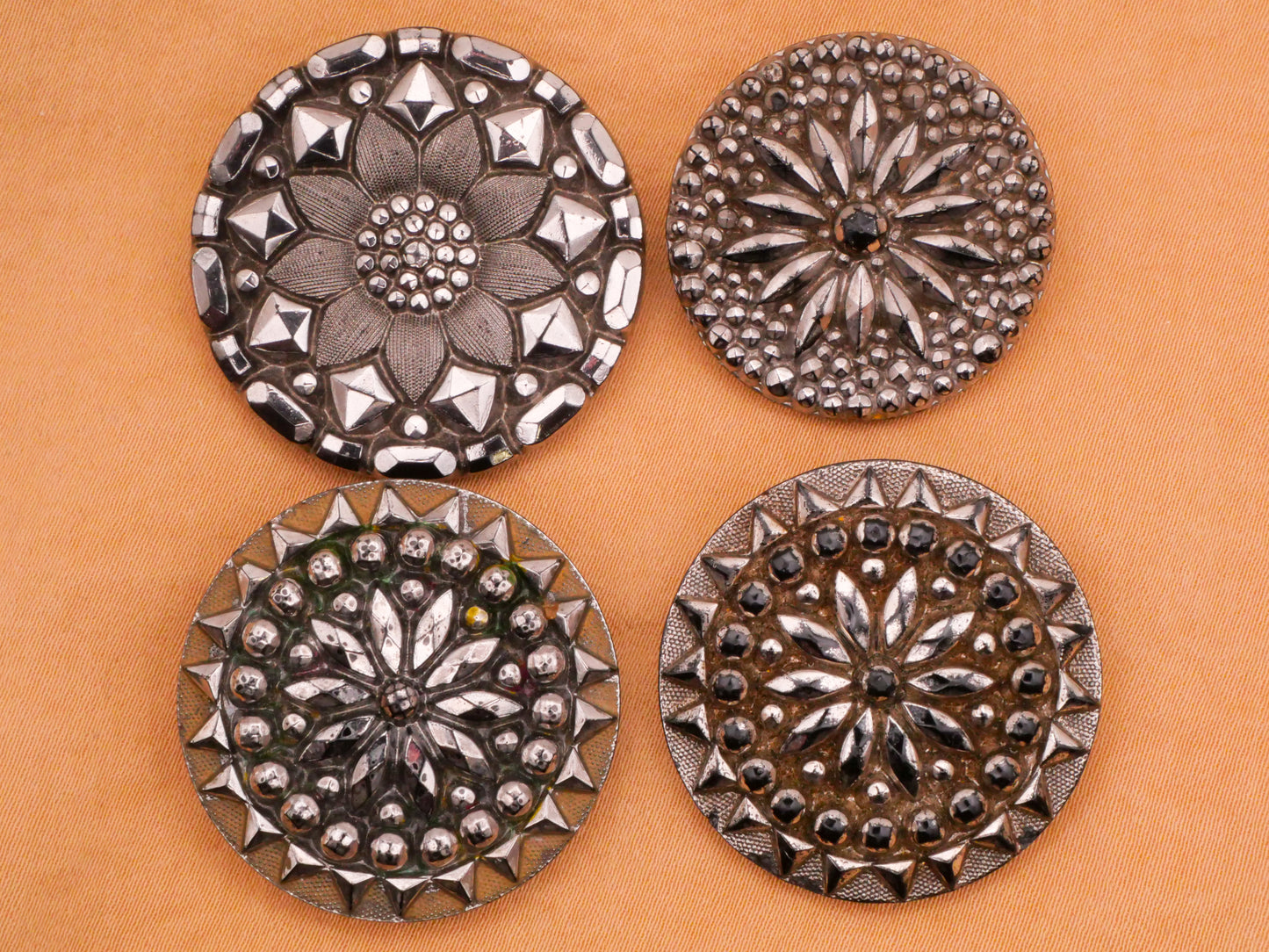 Flower Radial Design Silver Luster Black Glass Button Various 27-32mm