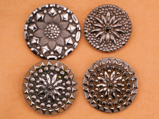 Flower Radial Design Silver Luster Black Glass Button Various 27-32mm