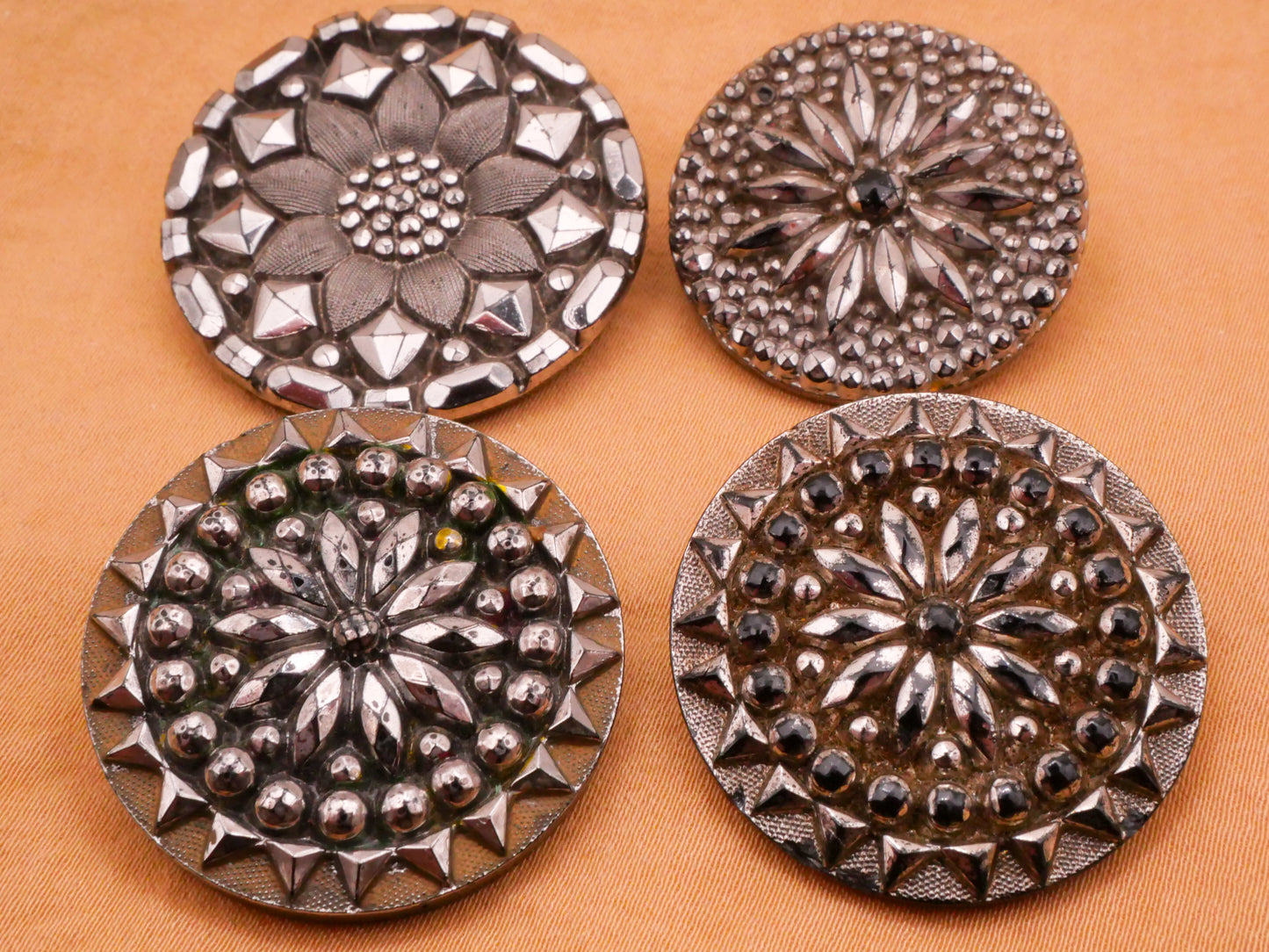 Flower Radial Design Silver Luster Black Glass Button Various 27-32mm