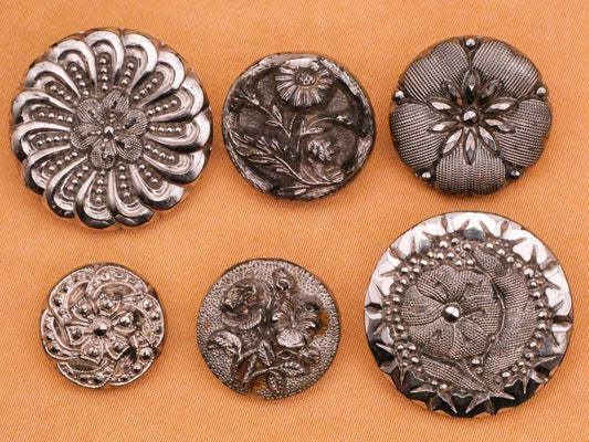 Flower Design Silver Luster Black Glass Button Various 14-23mm