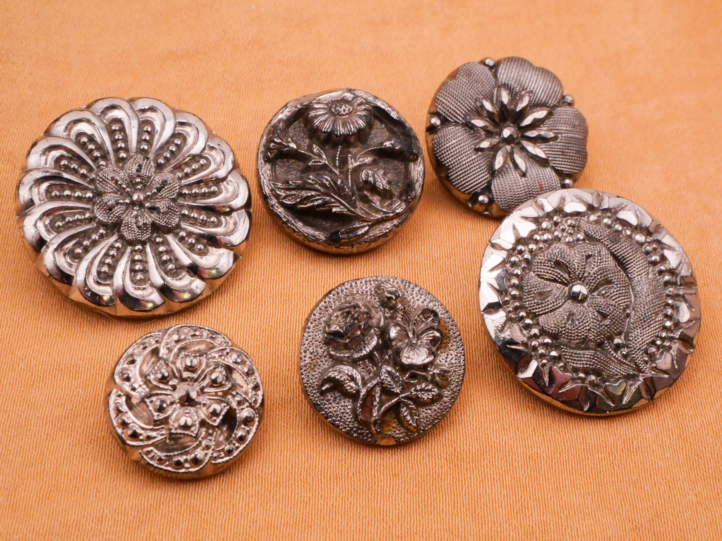 Flower Design Silver Luster Black Glass Button Various 14-23mm